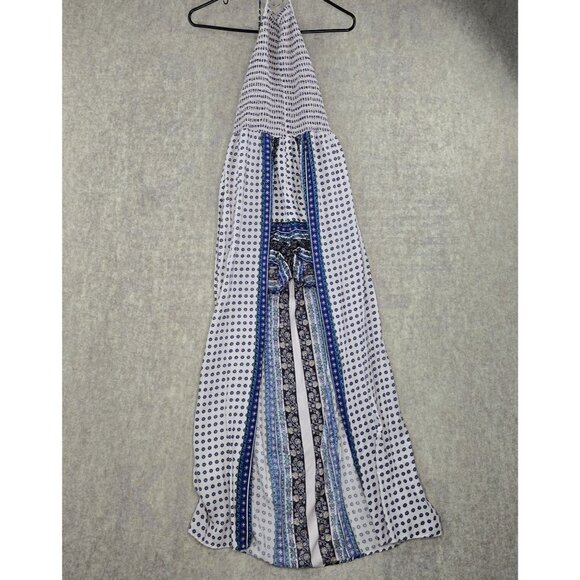 Angie Dresses & Skirts - Angie Womens Boho Halter Maxi Romper Shorts Slit Skirt Dress Medium Blue & White